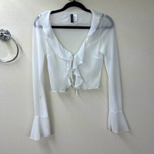 Mesh bell sleeve white front tie top H&M